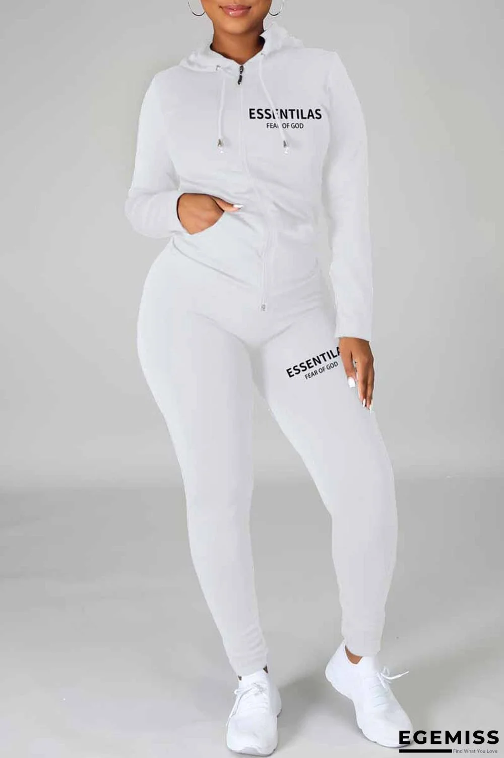 White Casual Print Letter Hooded Collar Long Sleeve Two Pieces | EGEMISS