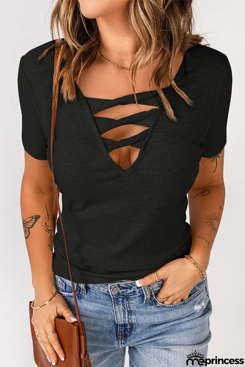 Strappy Hollow Neck Knit T Shirt