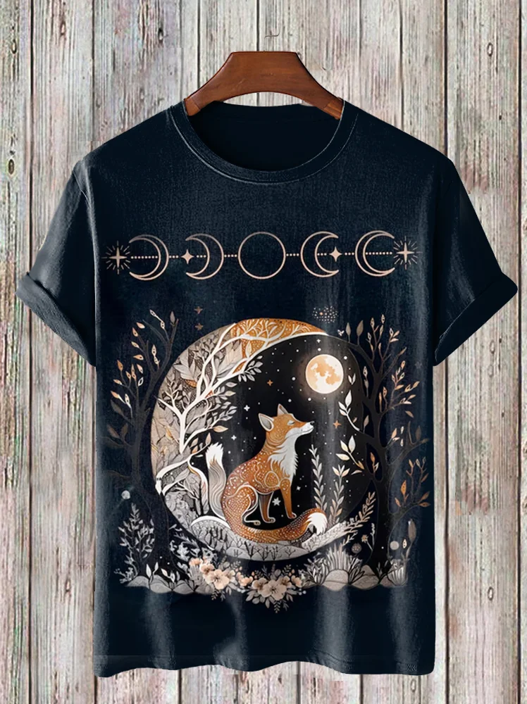 Men's Retro Fox Magical Forest Moon Phase Print T-Shirt