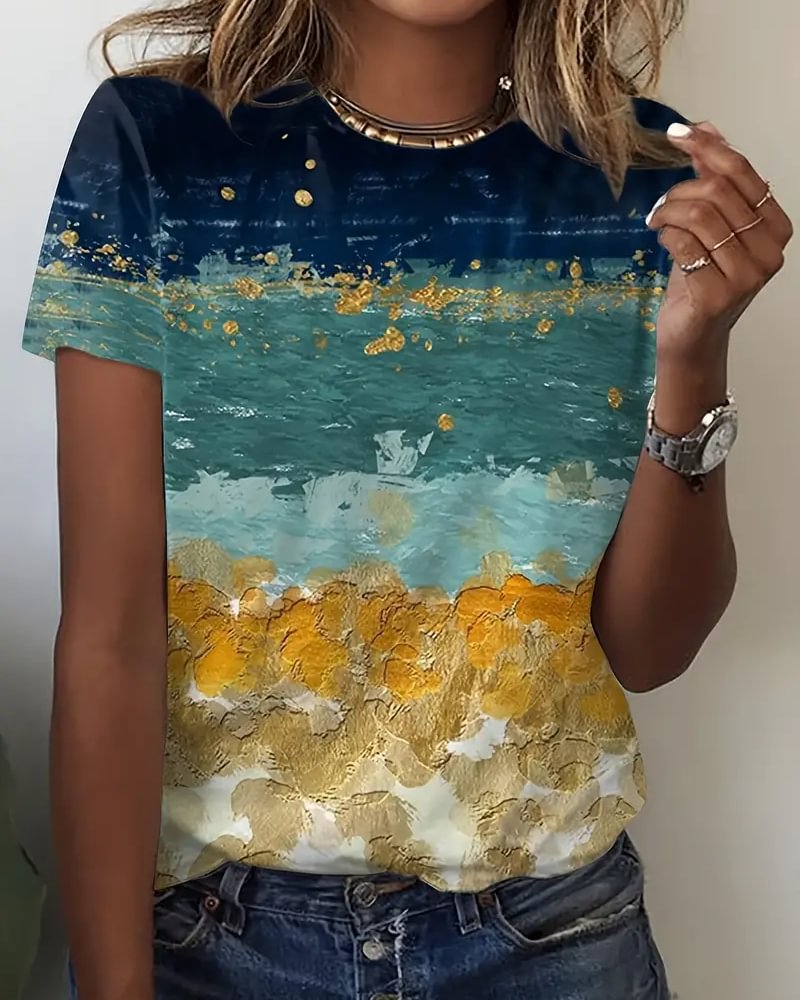 Abstract Print Round Neck Short Sleeve Tops