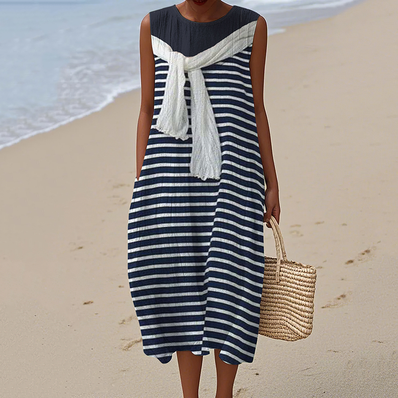 Comstylish Women's Retro Stripe Art Linen Tank Midi Dress