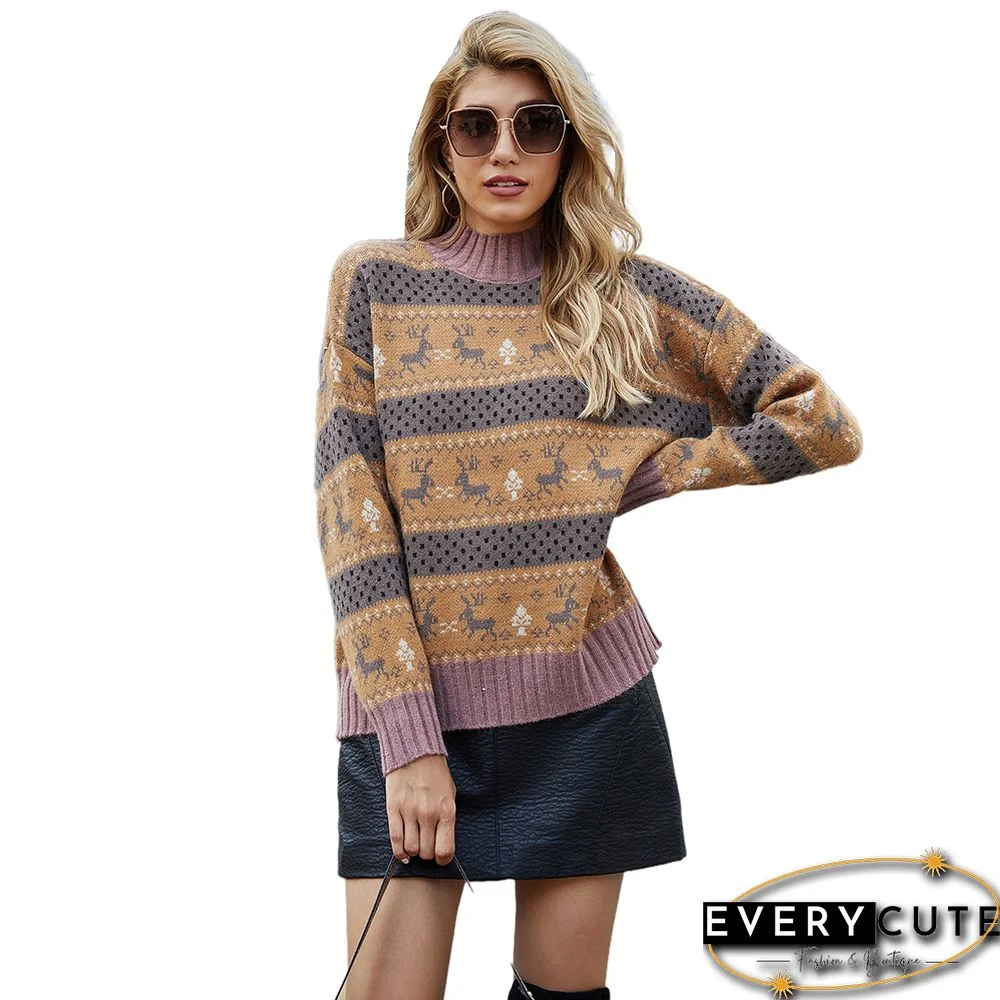 Yellow Christmas Reindeer Print Knit Pullover Sweater