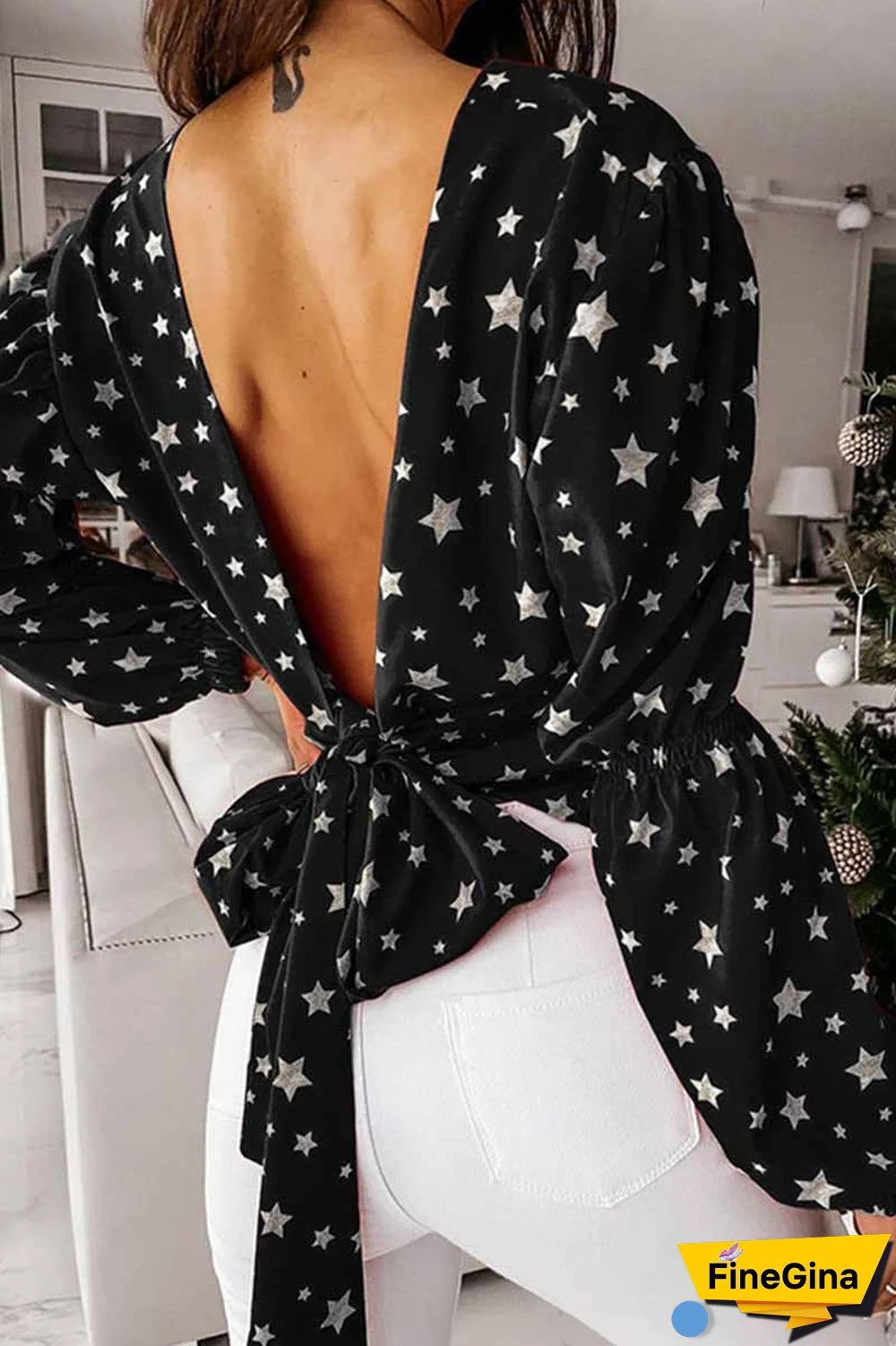 Loose Solid Color Long Sleeve Open Back Small Broken Star Print Tops