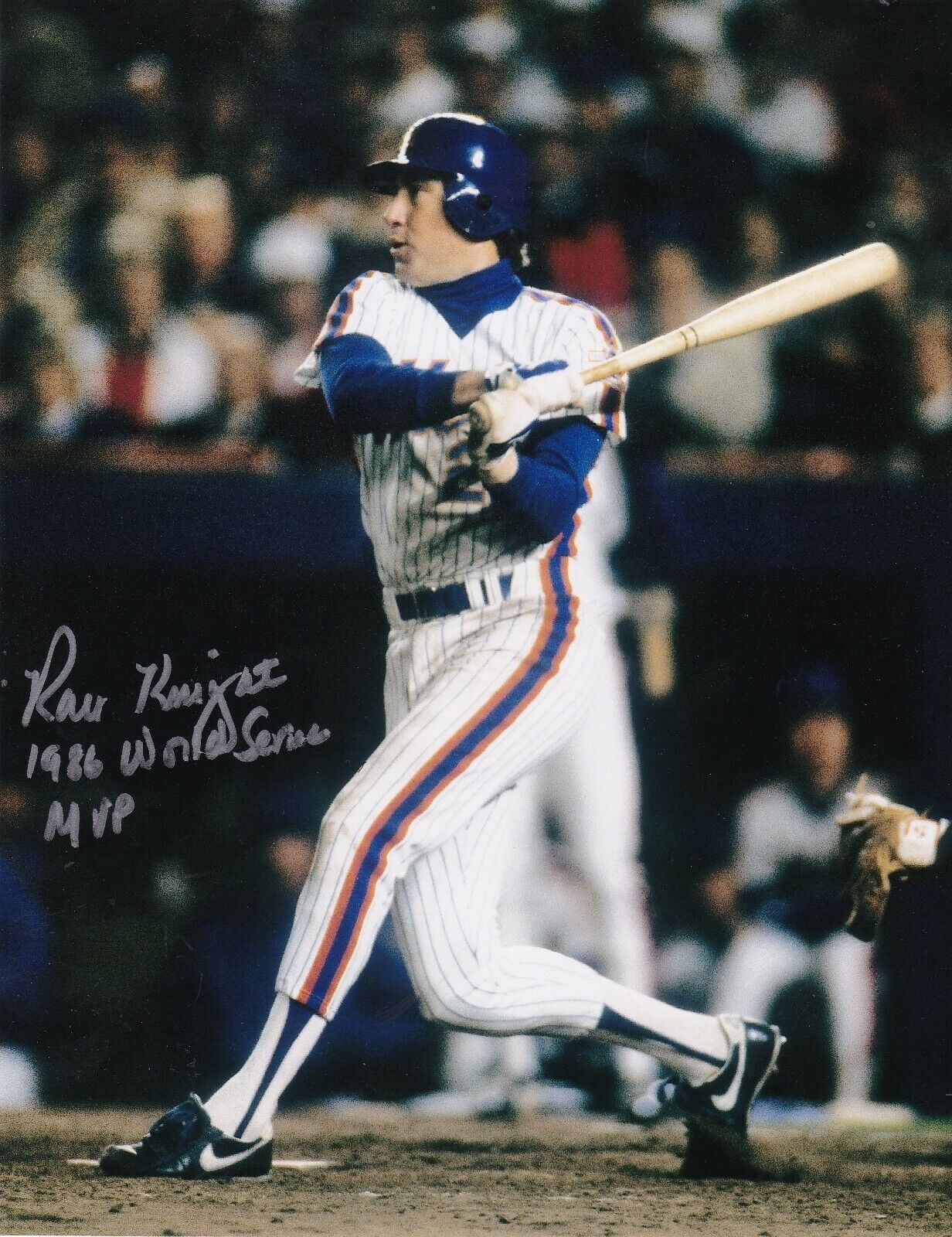 RAY KNIGHT NEW YORK METS 1986 WORLD SERIES MVP ACTION SIGNED 8x10