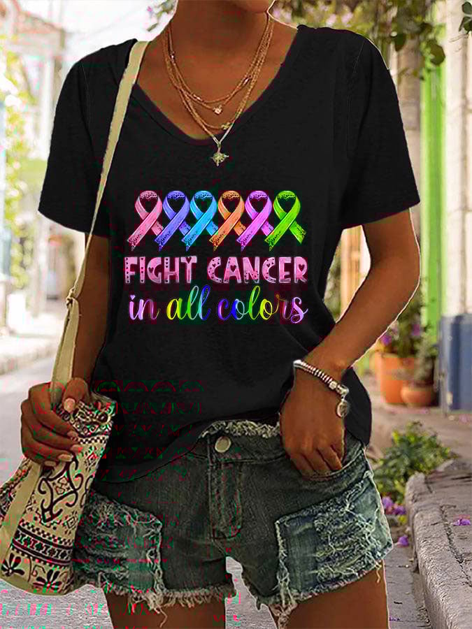 Women's Fight Cancer In All Colors Print Casual T-Shirt