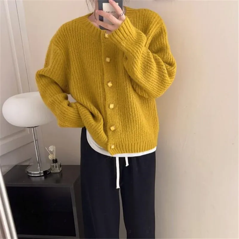 Churchf Churchf Wind Korea Is Loose Sweater Coat 2024 Autumn Winter New Style Temperament Pure Color Stripe Adds Thick Knitting Cardigan Female