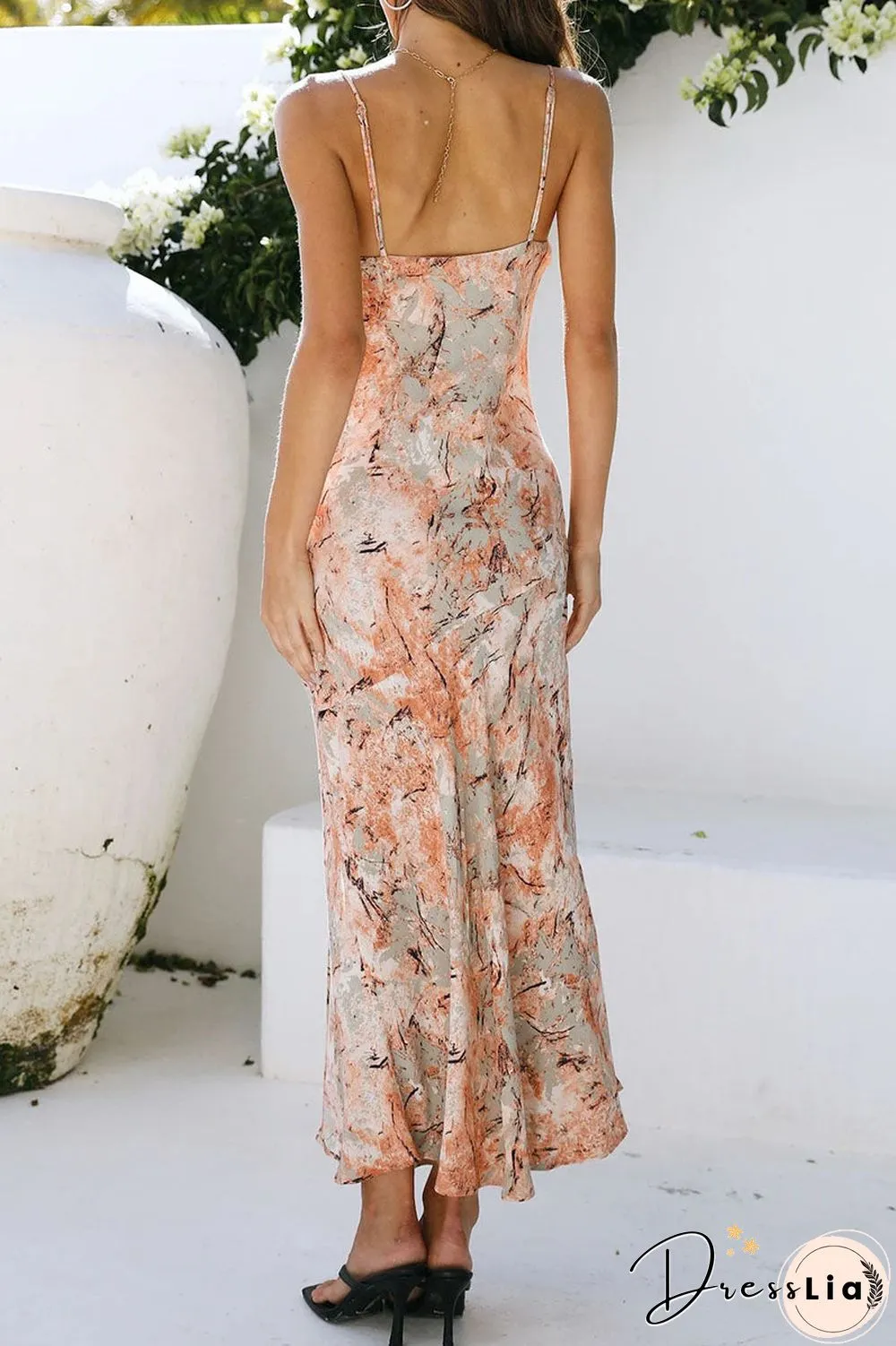 Fashion Street Print Slit Spaghetti Strap Wrapped Skirt Dresses