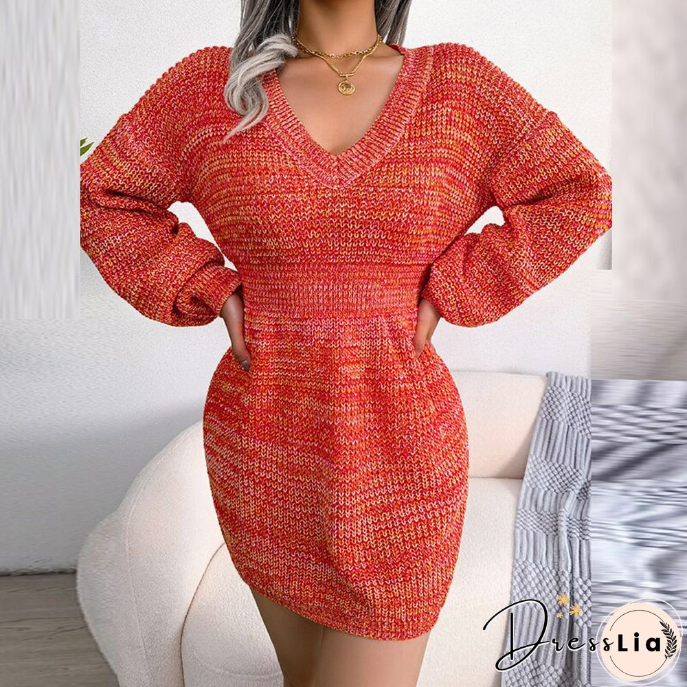 Fashion Autumn Solid Bag Hip Slim Dresses Elegant V Neck Waist Ribbed Mini Dress Female Casual Lantern Long Sleeve Sweater Dress
