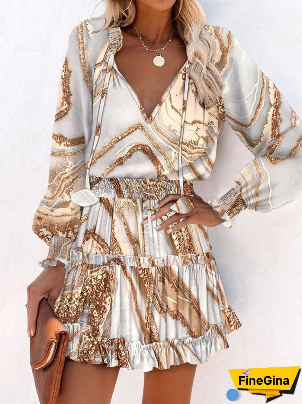 Women's Long Sleeve V-neck Printed Casual Dress