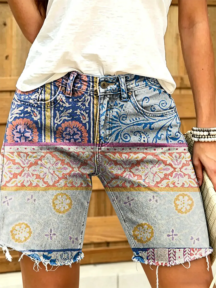 Women's Retro Patchwork Ethnic Floral Art Print Mid-Length Denim Bermuda Shorts with Frayed Hem