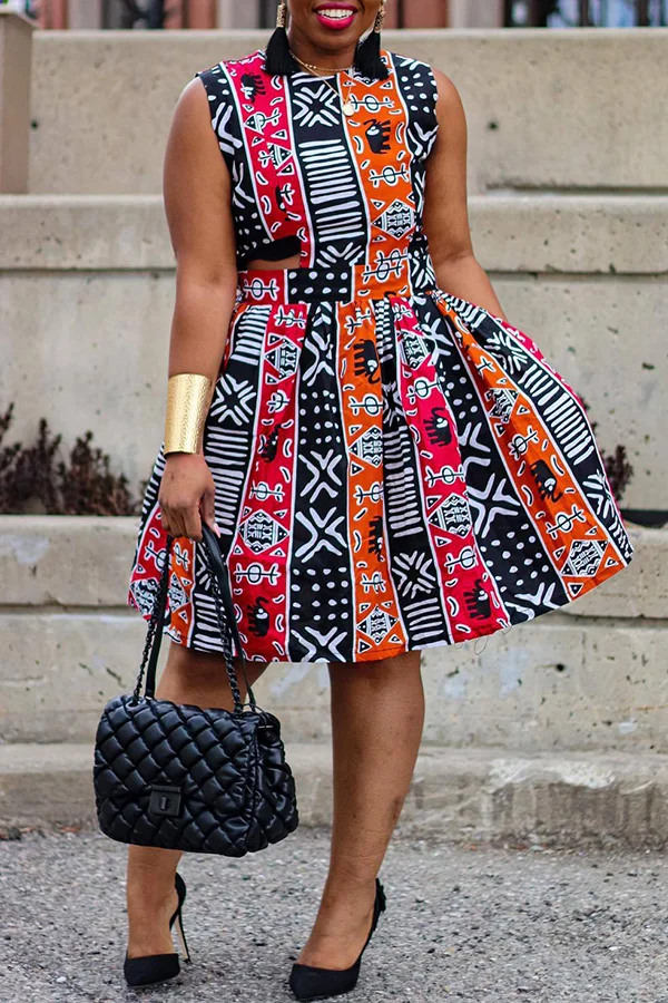 Casual Printed Waist Cutout Sleeveless Midi Dress