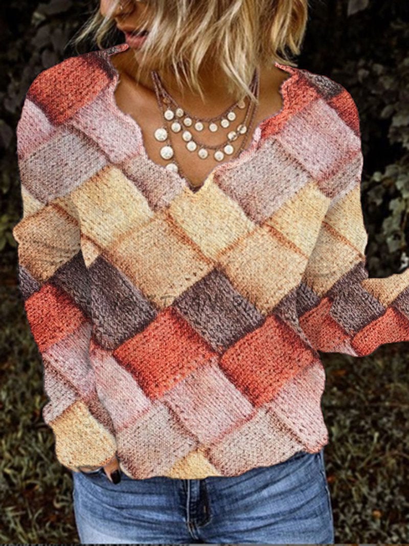 Women's Colorful Plaid Casual Lace V-Neck Top