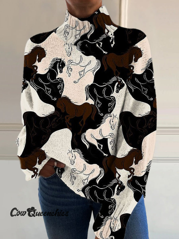 Retro Brave Horse Print Knit Turtleneck Pullover Sweater Multicolor / S