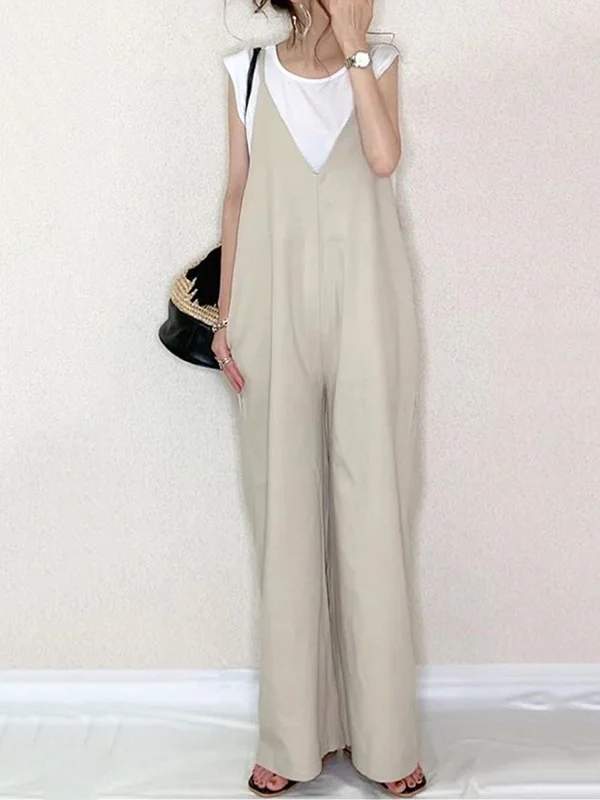 Split-Joint Solid Color Sleeveless Loose V-Neck Overalls