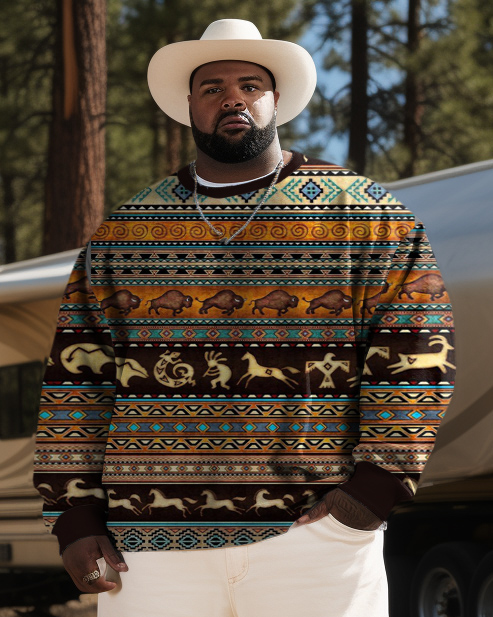 Men's Plus Size Western Ethnic Color Block Long Sleeve Crew Neck Sweatshirt