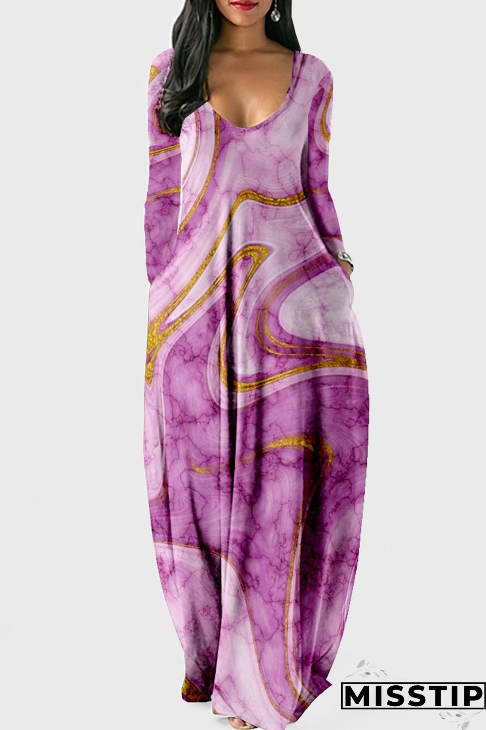 Cyan Fashion Casual Print Patchwork V Neck Long Sleeve Dresses