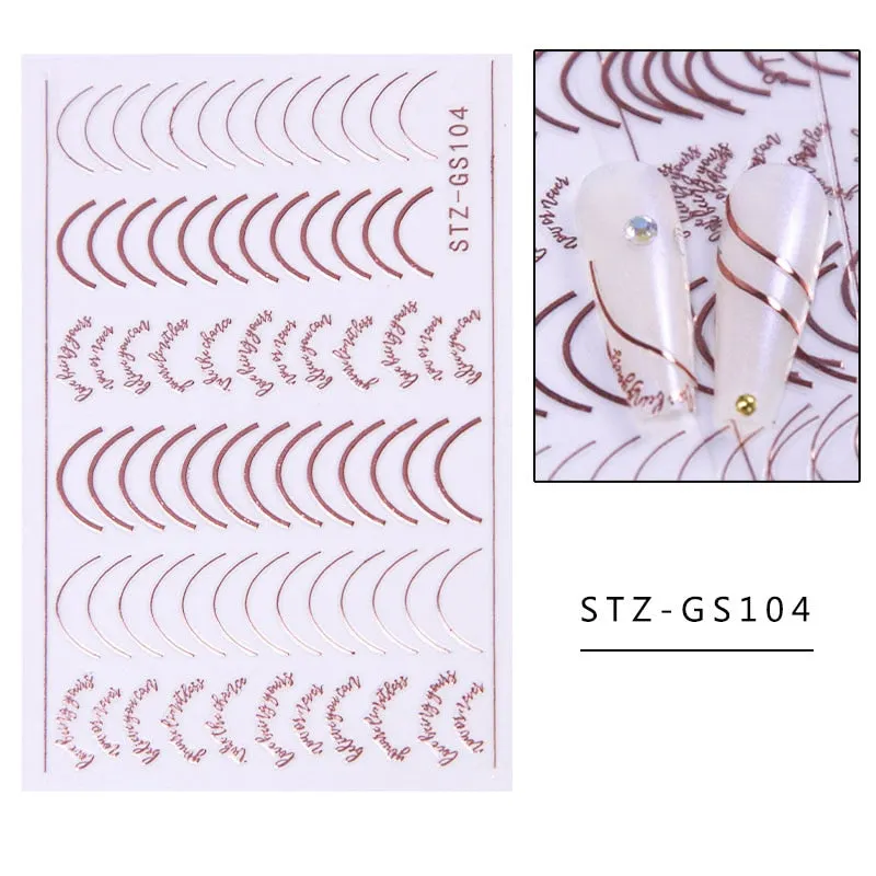 3D Lines Nail Stickers DIY Rose Gold Metal Stripe Lines Letters Decals Curve Nail Art Sliders Self Adhesive Decorations Manicure-Nail Inspo