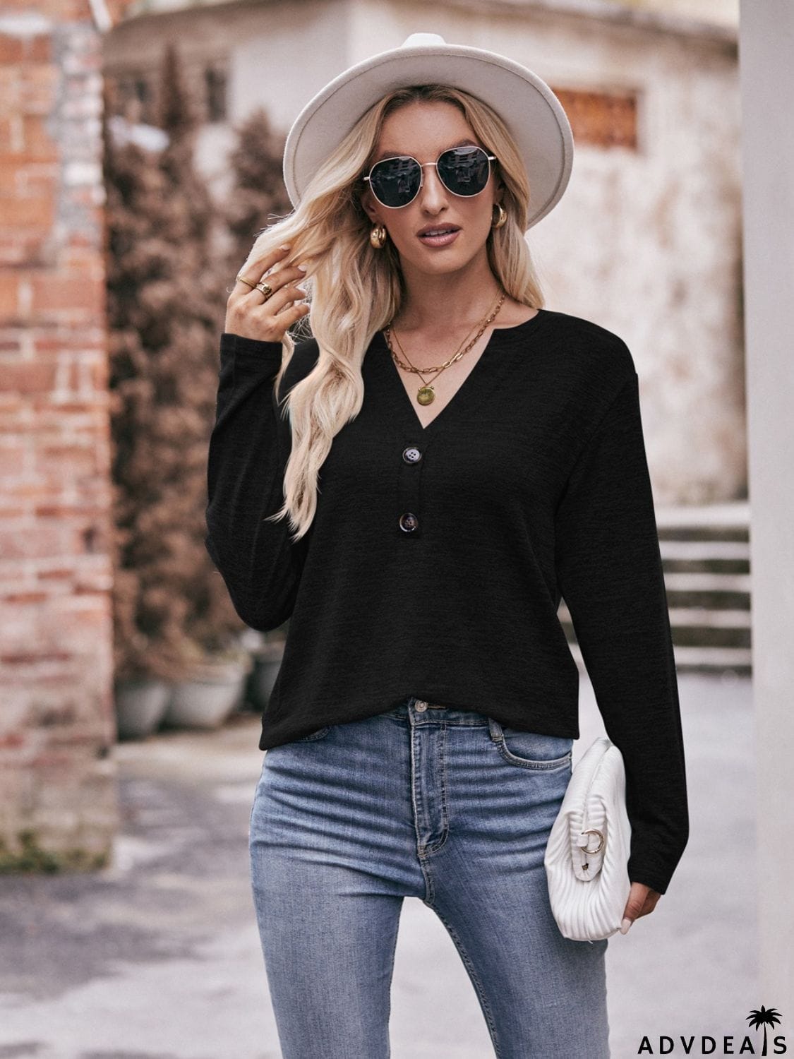 Buttoned Notched Neck Long Sleeve Top