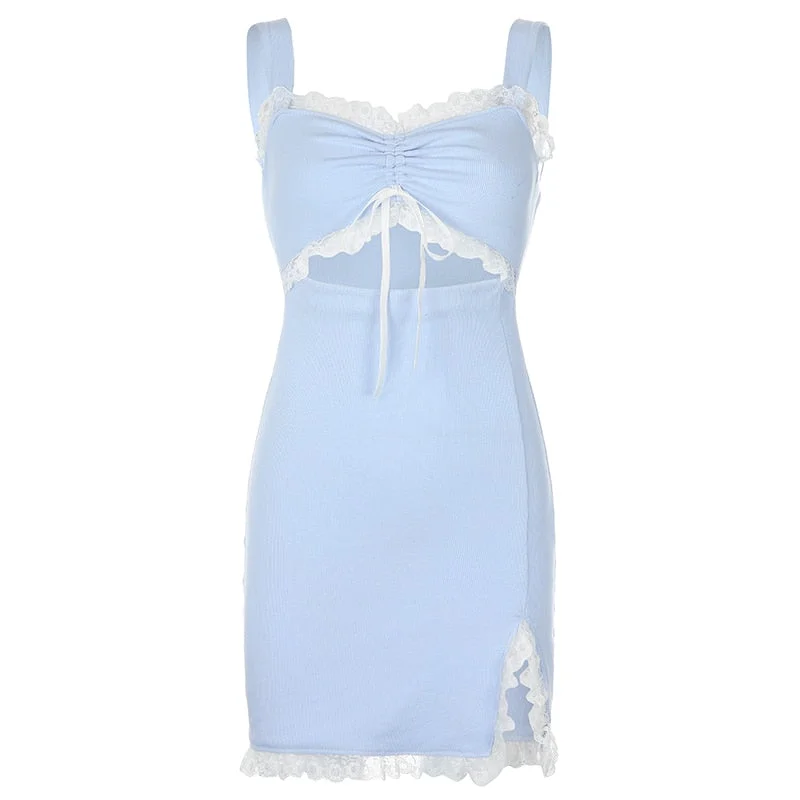 Rapcopter y2k Blue Mini Dress Spaghetti Strap Sundress Lace Hollow Out Split Dress Women Ruched Tie Up Summer Dress Vintage 90S