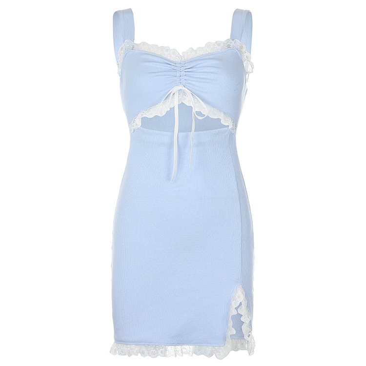 Rapcopter y2k Blue Mini Dress Spaghetti Strap Sundress Lace Hollow Out Split Dress Women Ruched Tie Up Summer Dress Vintage 90S