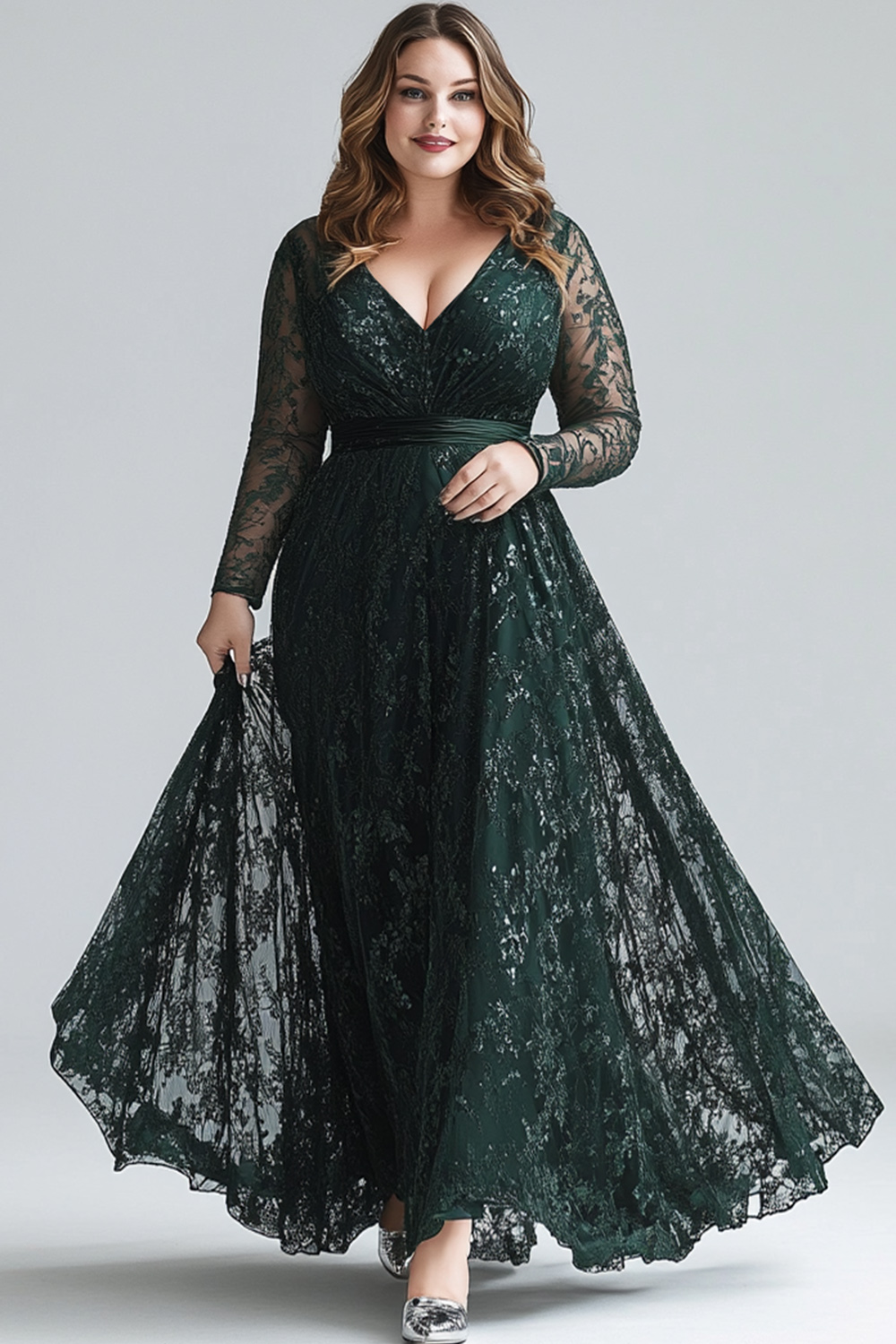 Flycurvy Plus Size Mother Of The Bride Dark Green Lace Long Sleeve Maxi Dress