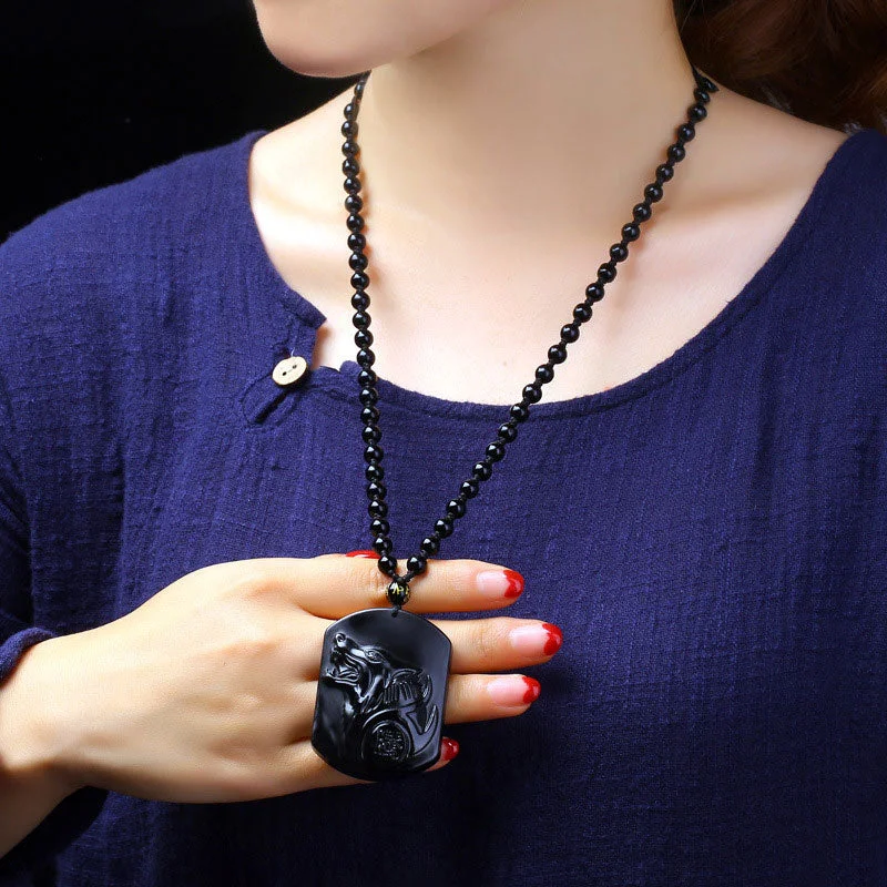 Black Obsidian Stone Wolf Purification Pendant Necklace