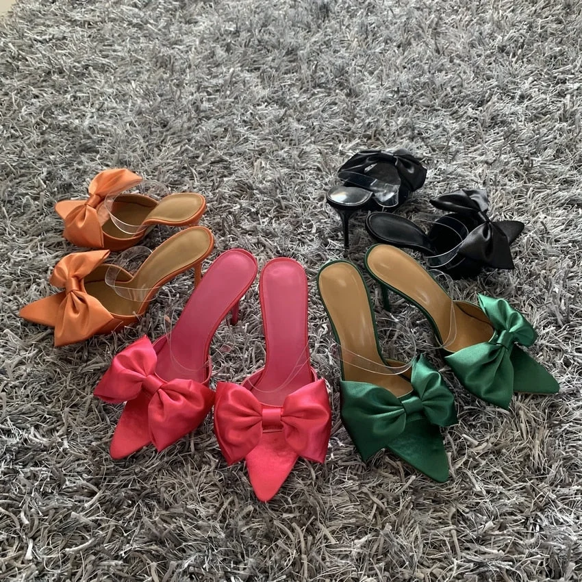 Butterfly-knot Women Sandals Mule high heels Slippers Sandals flip flops Pointed toe Strappy Ladies Slides Dress Party shoes