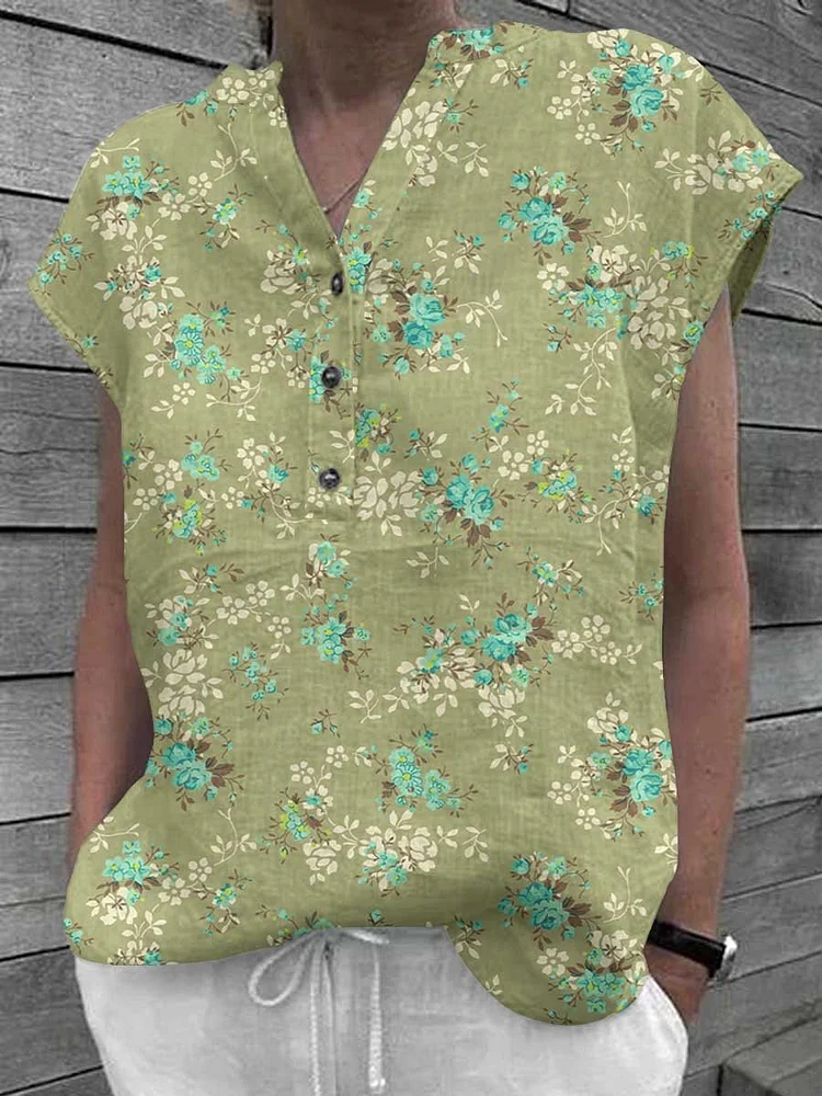 Women's Elegant Floral Classic Cotton and Linen Top