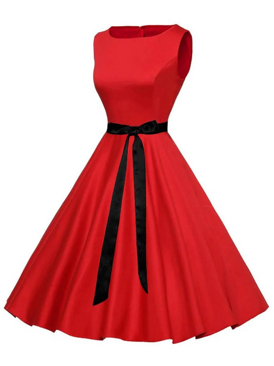 Boat Neck Sleeveless Printed White 1950s Dress with Sash