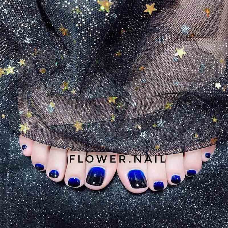 24 Pcs Fashion Fake Nails Blue Black Gradient Color Foot Full Toes Nail Art False Nails For Lady Girls Toenails Patch With Glue