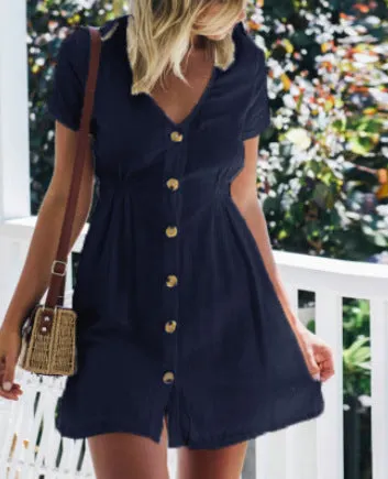 Uveng Street Hipster Solid Color V-neck Slim-fit Button High Waist Dress