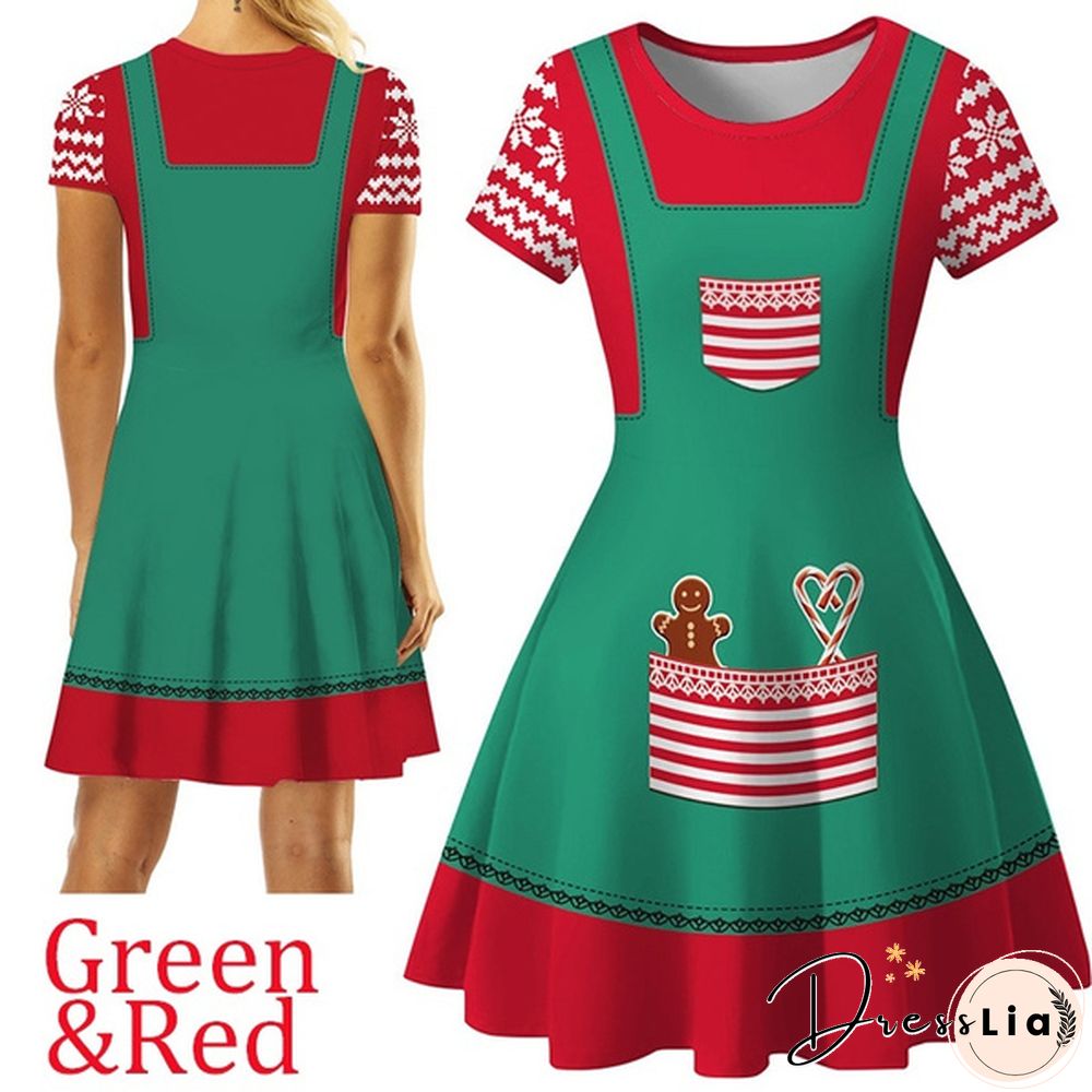 Christmas Deer Elk Snowman Print Short Sleeve Dress Xmas Santa Claus Women Dress