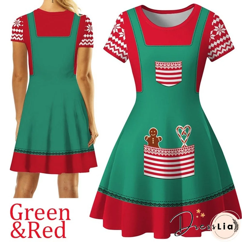 Christmas Deer Elk Snowman Print Short Sleeve Dress Xmas Santa Claus Women Dress