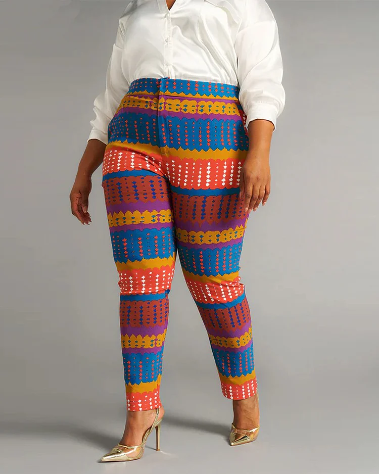 Women's Plus Size Colorful Printed Striped Slim Fit Casual Pants