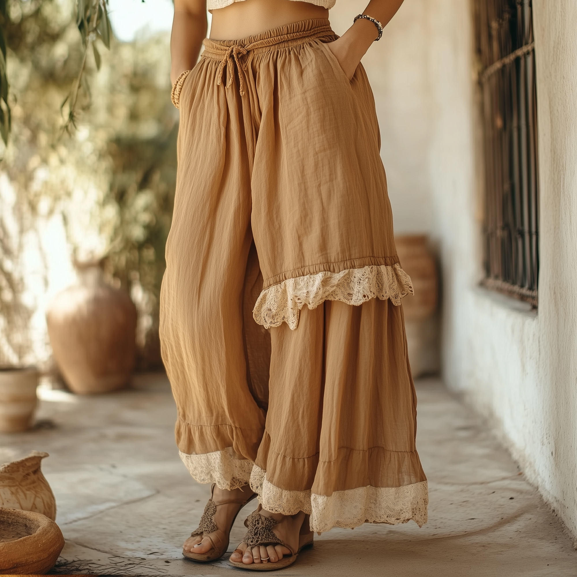 Women's Bohemian Retro Cotton And Linen Lace Stitching Wide Leg Pants