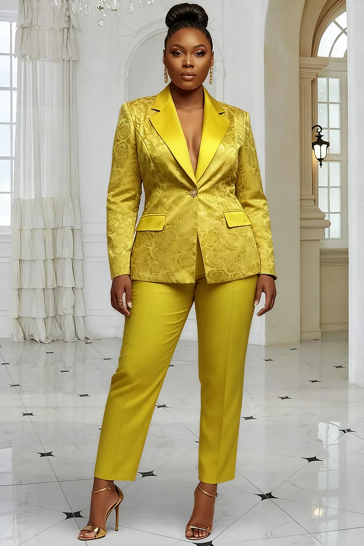 Xpluswear Design Plus Size Christmas Gold Lapel Collar Long Sleeve 3D Elegant Satin Two Piece Pant Suits [Pre-Order]