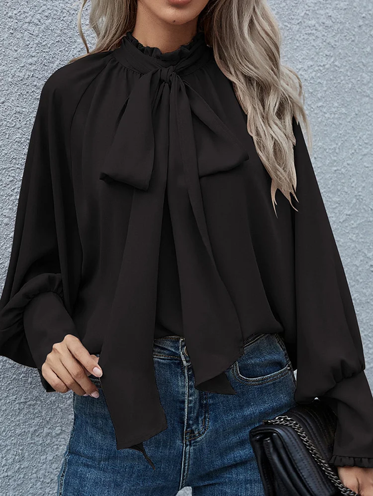 Daily Bow Lace Up Bubble Sleeve Loose Blouse
