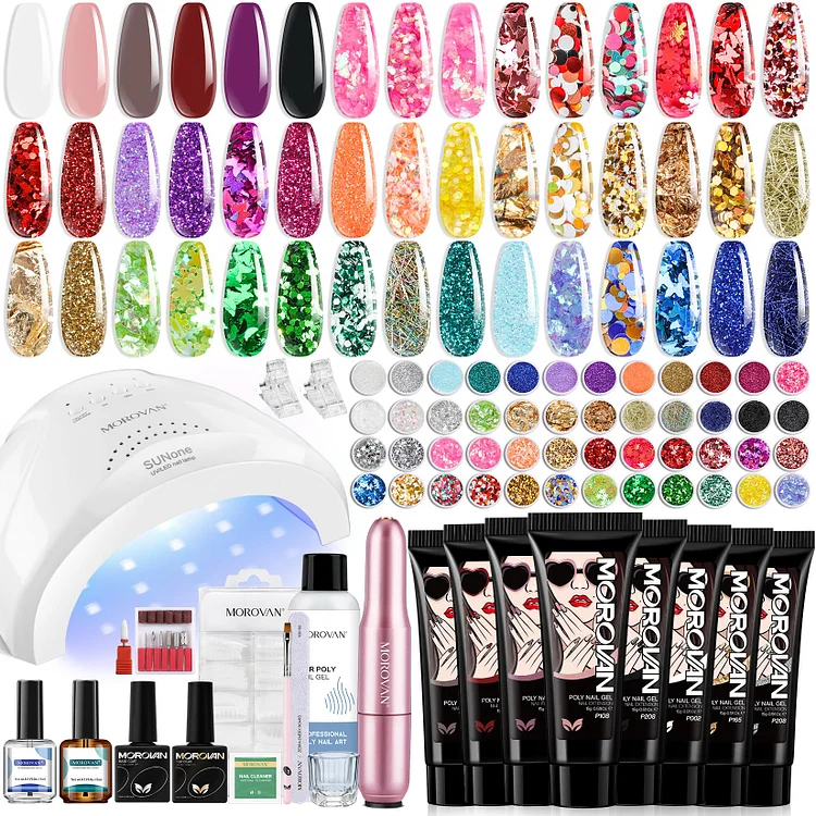 Art Creator - 8 Colors Poly Gel Professional Kit with 48 Colors Glitter & Nail Drill