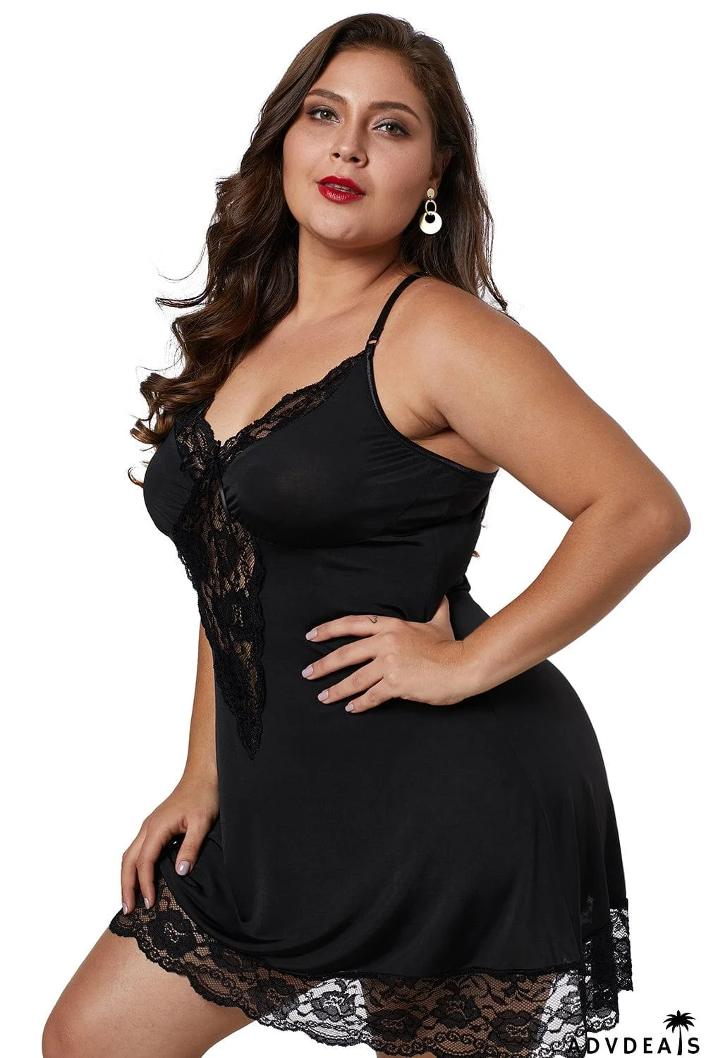 Black Venecia Lace Trim Plus Size Chemise