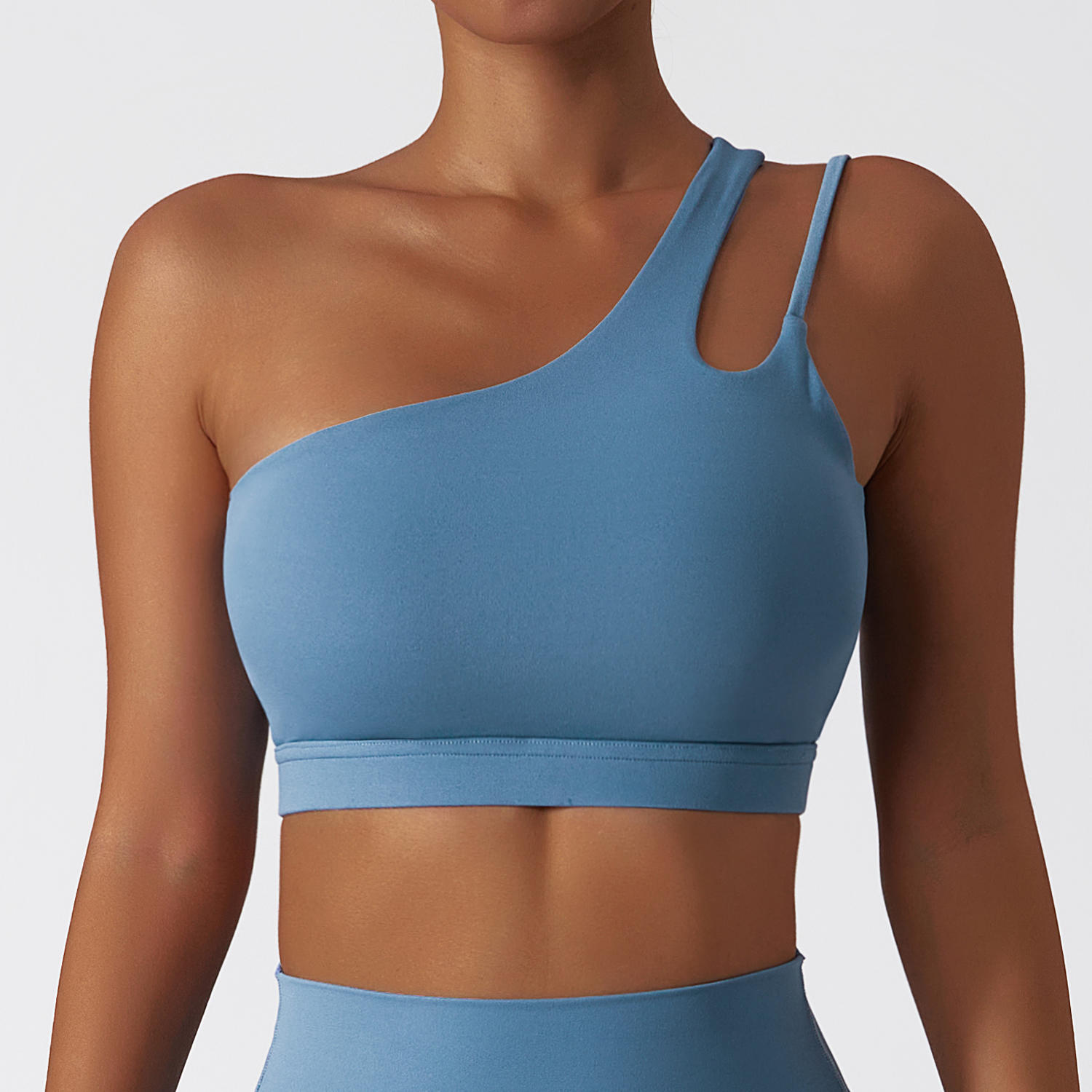 Shop Light Gray Blue oblique single shoulder anti slip open back running gym fitness sports bra online on Hergymclothing