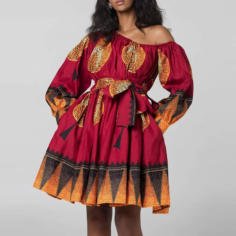 Printed One-Shoulder Puff-Sleeve Mini Dress