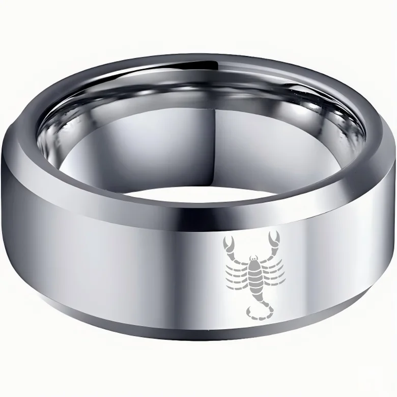 Beveled Edges Sliver Laser Etched Couple Tungsten Carbide Rings Sliver Scorpio Tungsten Wedding Bands 4MM 6MM 8MM Width
