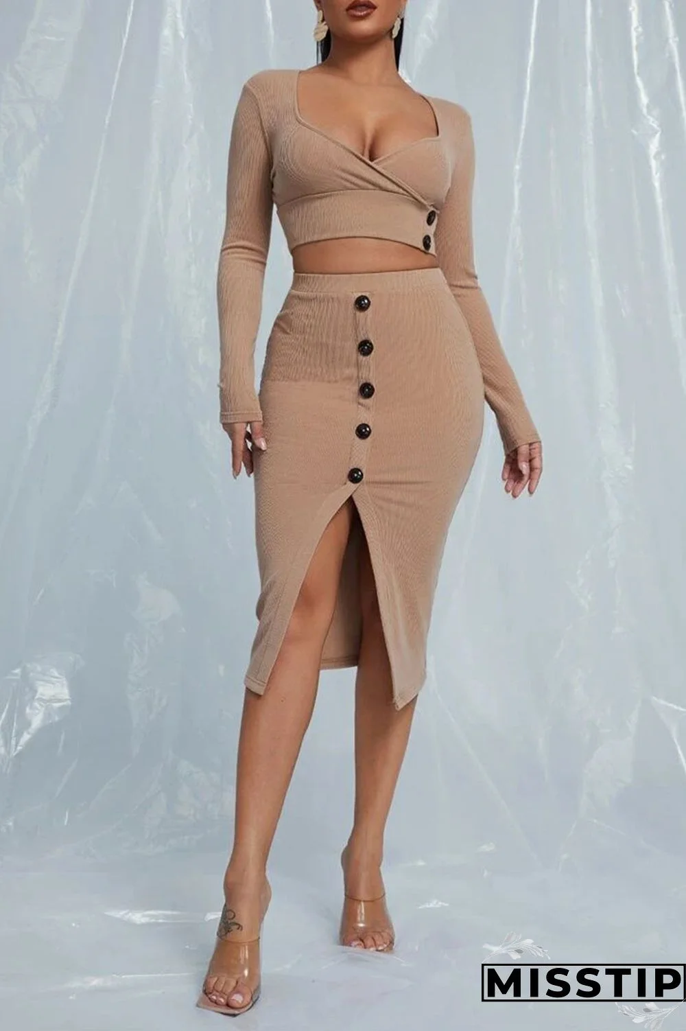 Khaki Elegant Solid Patchwork Slit Square Collar Long Sleeve Two Pieces