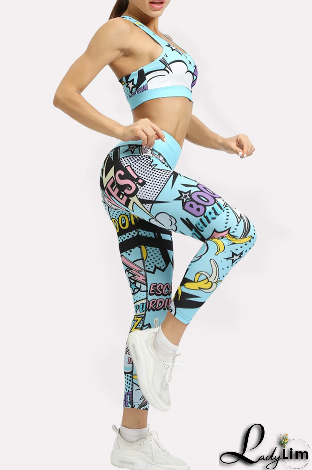 Blue Fashion Print Patchwork Skinny High Waist Pencil Full Print Bottoms