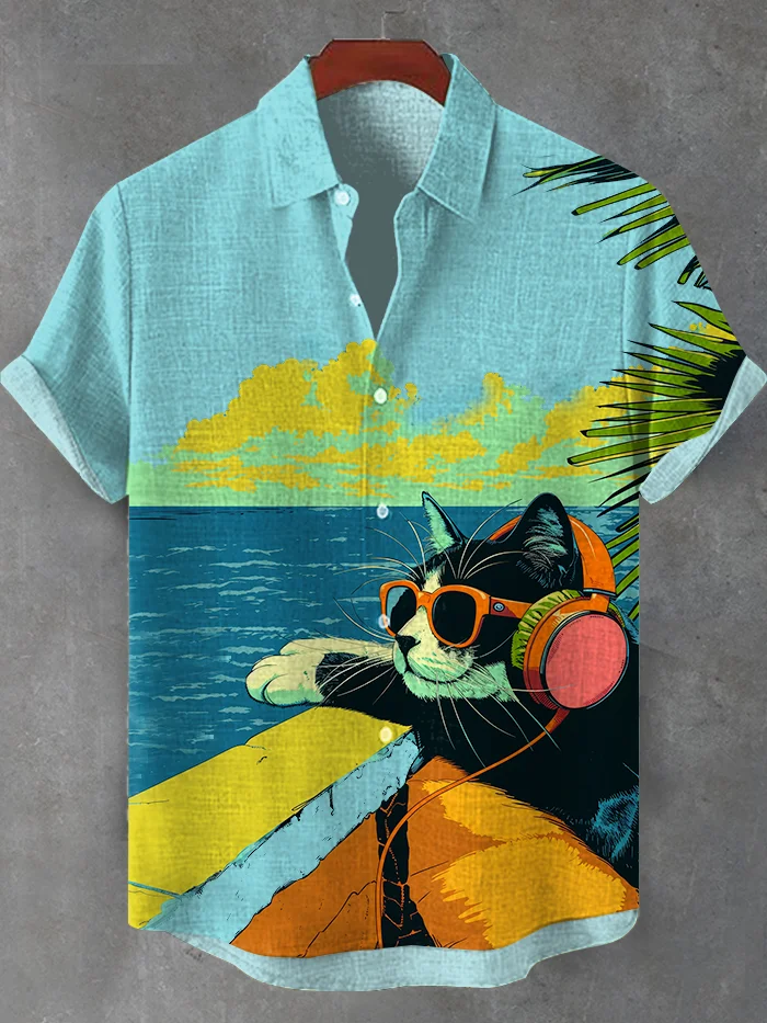 Men's Music Cat Vacation Art Print Casual Shirt