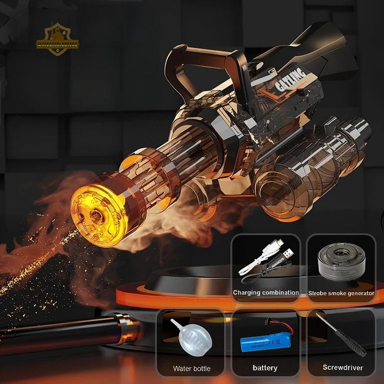 IceMist Gatling blaster mid-spray with inset of USB-C cable and fogger cartridge accessories
