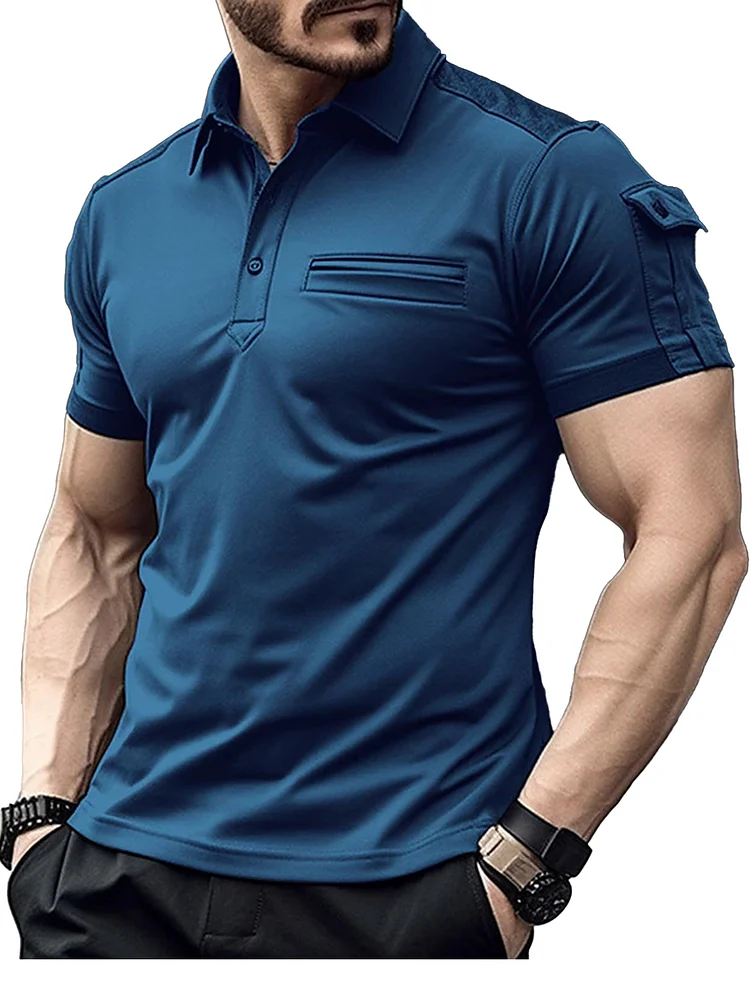 Men's Summer Sports Casual Pocket Lapel Solid Color Linen Polo Shirt