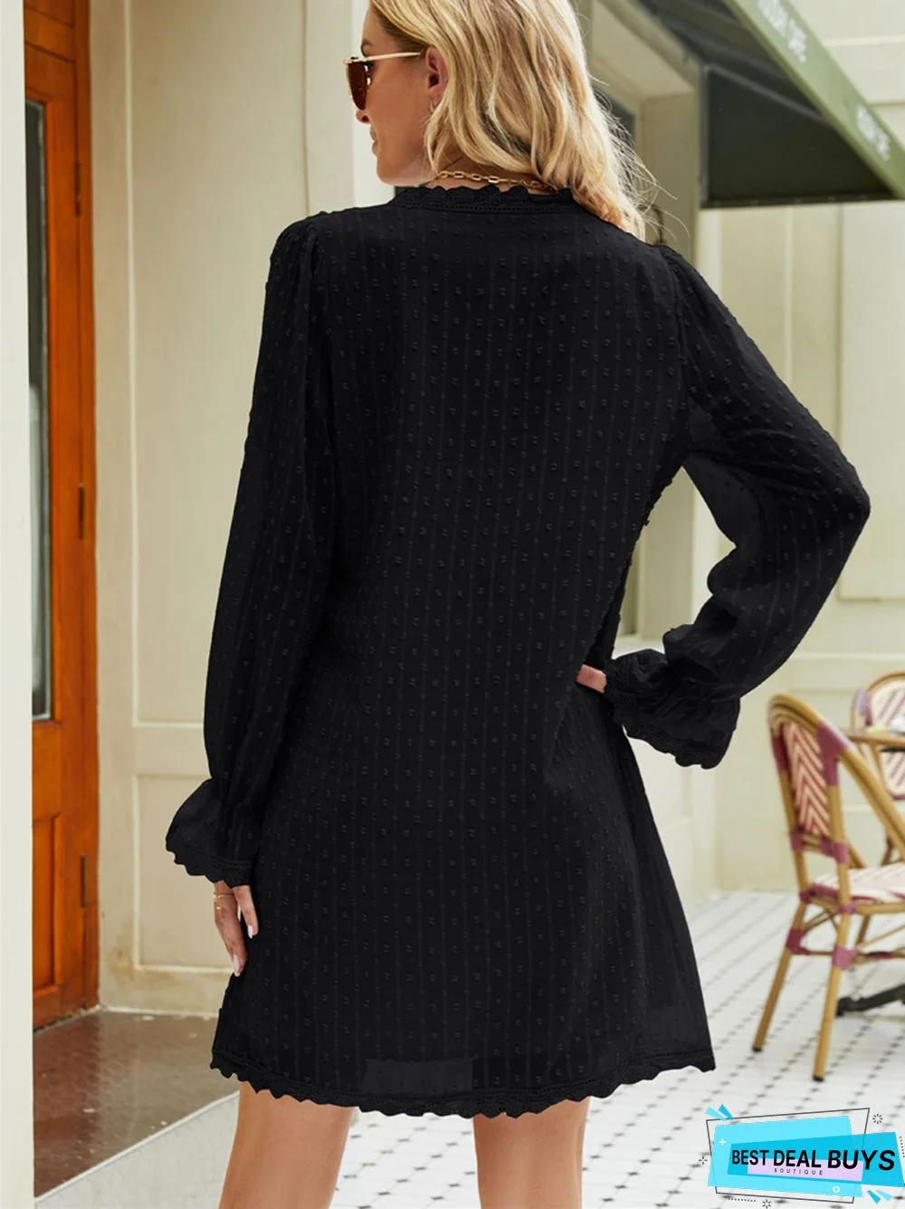 Casual Long Sleeve Solid Color Lace Chiffon V-Neck Dress