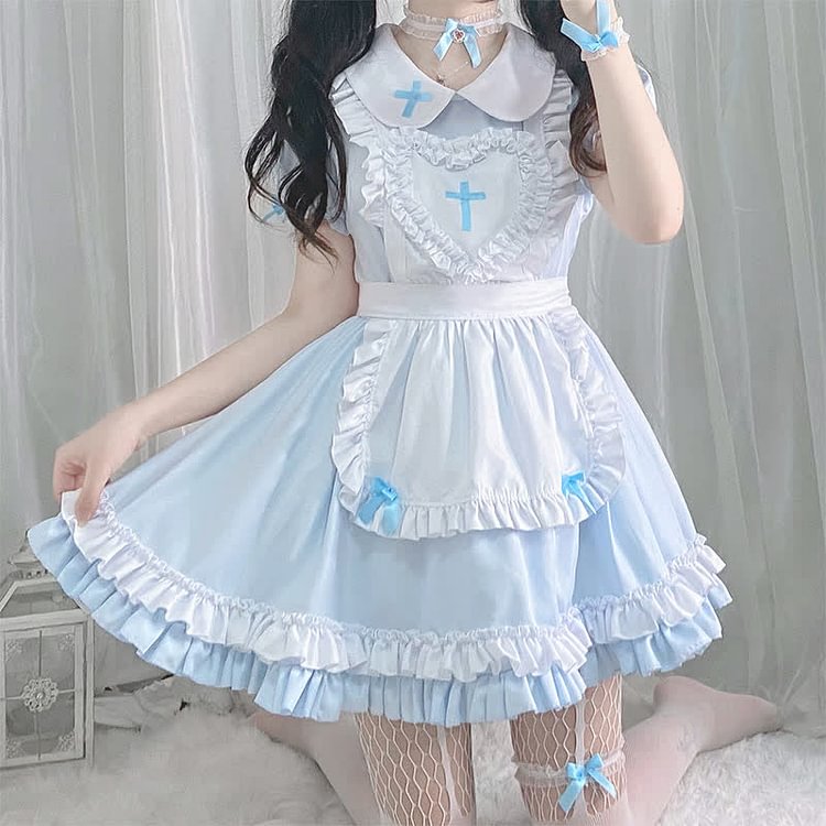 Cosplay Cross Print Ruffled Maid Lolita Dress Set - Modakawa Modakawa