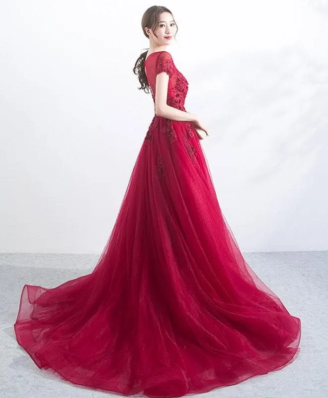 Lace Top and Tulle Skirt Full Length Dress Burgundy